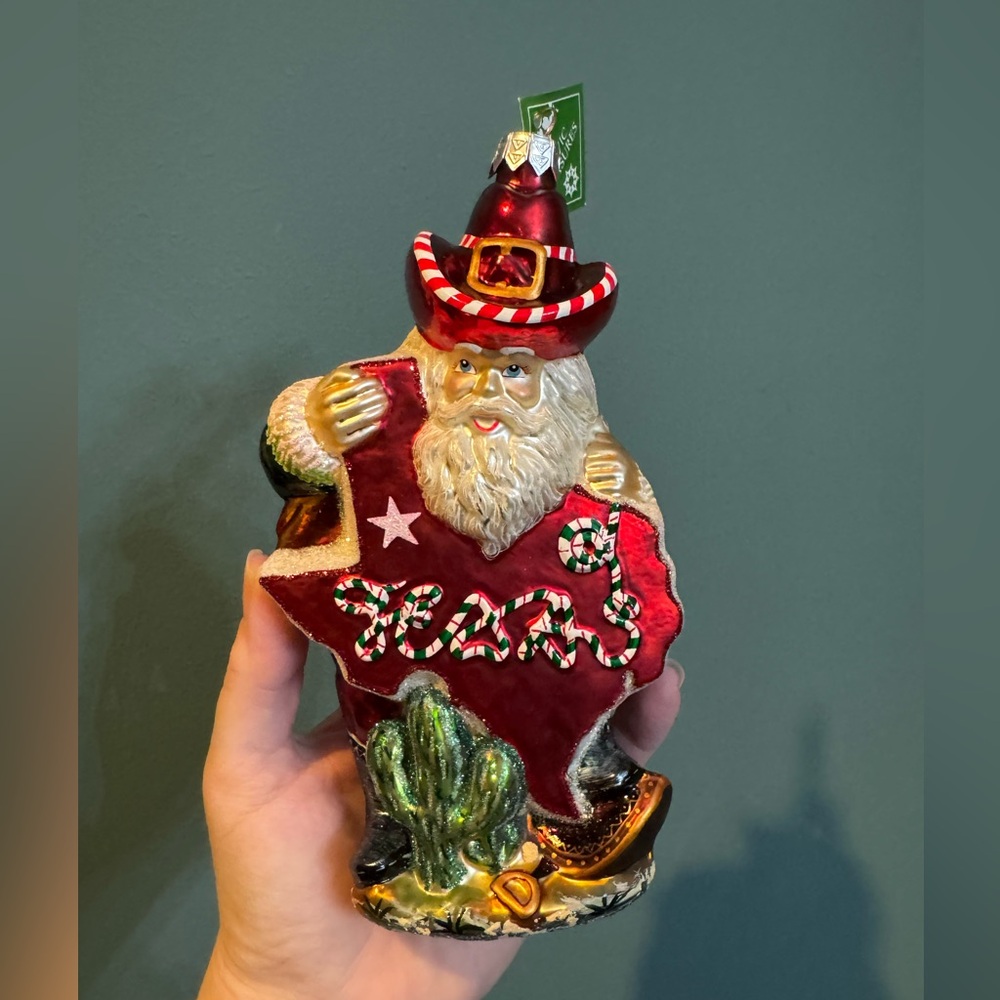 Slavic Treasures Large Blown Glass Ornament, Texas Santa, 7" Tall, Poland, NWT